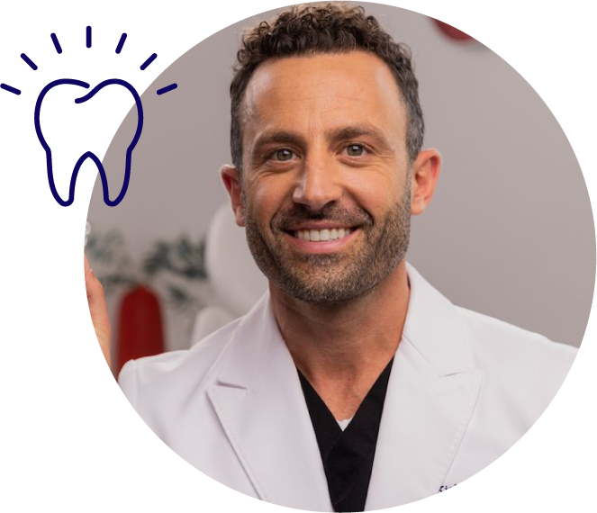 Dr. Aamodt in a white coat with a tooth icon