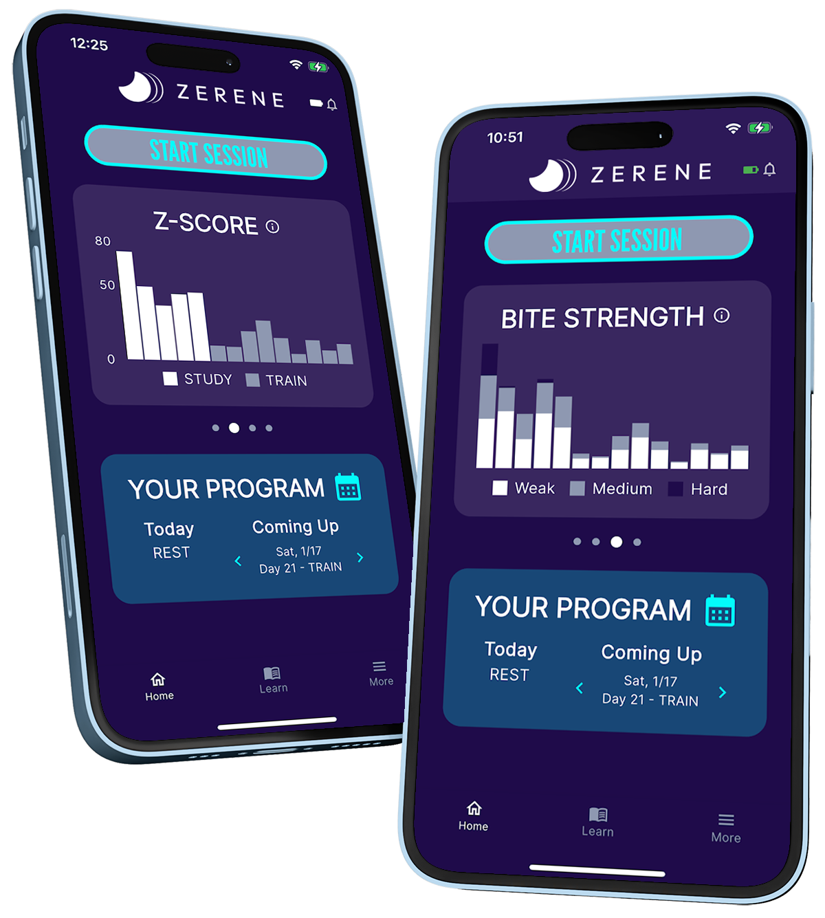 Two smartphones displaying the Zerene app interface on a white background