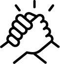 Two hands clasping together in a black and white icon.
