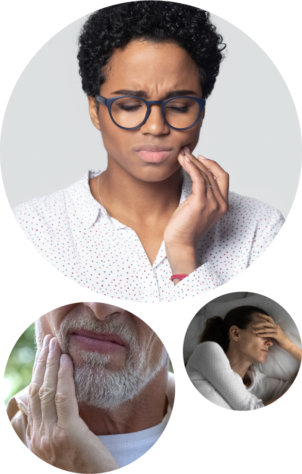 Collage of people suffering from sleep bruxism: Woman with glasses holding her jaw, close-up of a person with a beard holding his jaw, and a silhouette of a person in bed with a headache.