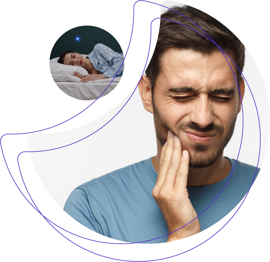 Man with jaw pain holding his cheek, inset showing a person sleeping peacefully.