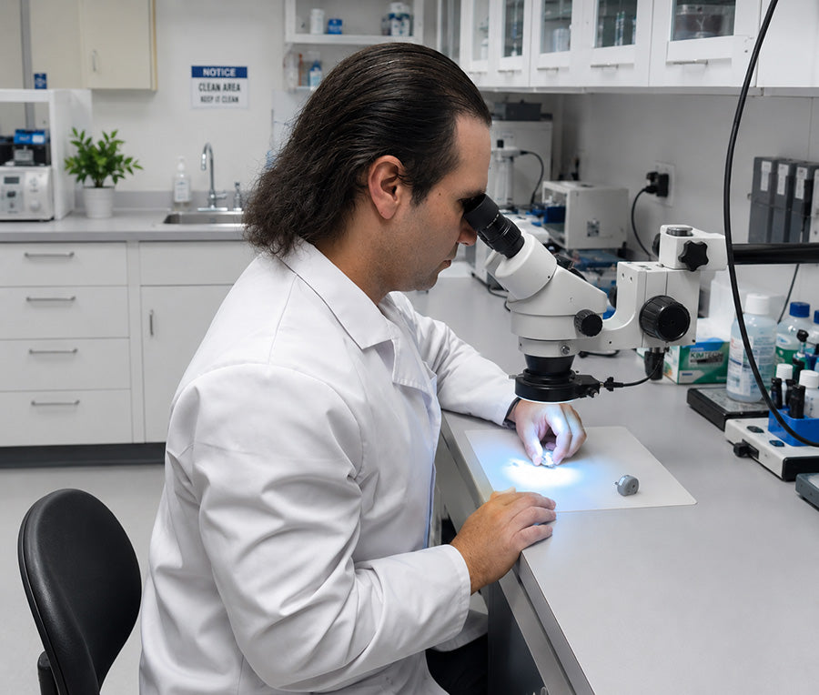 Biomedical engineer in a lab coat using a microscope in a laboratory setting