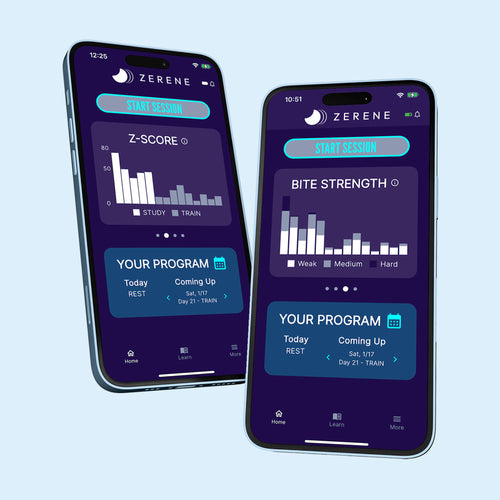 Two smartphones displaying the Zerene app on a light blue background