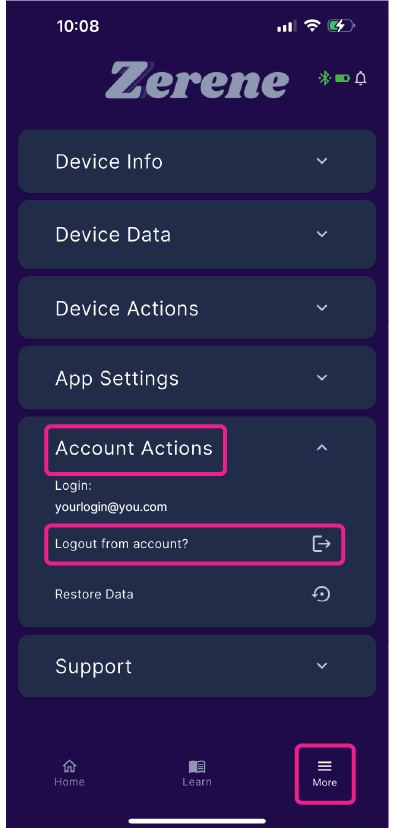 Image of how to logout from your Zerene account in the Zerene app